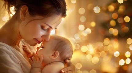 Fototapeta premium Close-up of a mother giving her baby a massage, with a loving and nurturing expression, in a warm and cozy nursery background, Portrait close-up, hyper-realistic, high detail, photorealistic, indoor