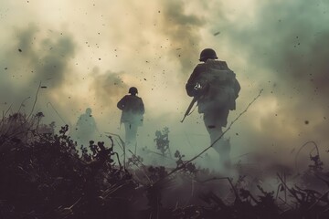 dramatic recreation of a world war ii battle scene soldiers advancing through smoke and debris...