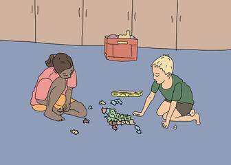 A mixed ethnicity girl and a Caucasian boy doing jigsaw puzzle together on floor