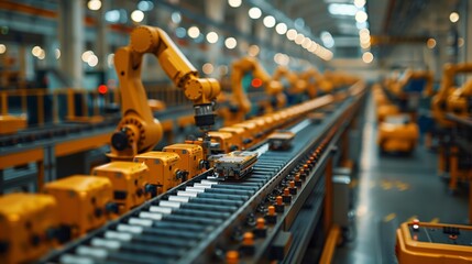 Automated Manufacturing with Robotic Arms. High-tech manufacturing facility featuring robotic arms on an automated assembly line, emphasizing efficiency and advanced technology.