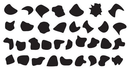 Random blob shapes silhouette icon set. black blobs irregular shapes Isolated on a white background. Water splotches, liquid ink spots, Abstract fluid shapes, water forms vector illustration.