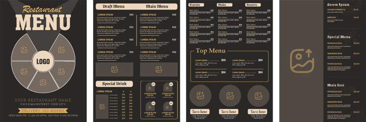 Restaurant menu design. Vector brochure template for cafe, coffee house, restaurant, bar. Food and drinks symbol design. Set A4 menu editable vector format