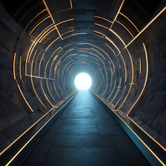 Abstract digital lines and shapes forming a tunnel, representing a journey through time with copy space