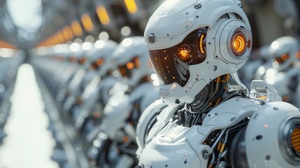 Robotic Army in Production Line. Line of advanced humanoid robots in a production facility, showcasing cutting-edge robotics and automation in manufacturing.