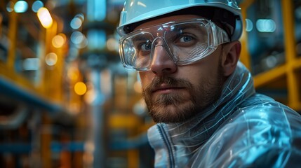 Industrial Engineer in Safety Gear. Industrial engineer wearing a white hard hat and safety glasses in a high-tech factory, emphasizing safety and precision in engineering.