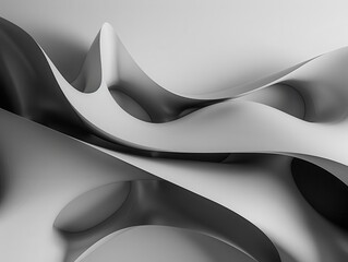 minimalist grayscale composition of undulating abstract forms contrasting smooth curves with sharp angles creating a sense of depth and movement on a stark white background