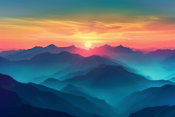 Fototapeta premium A beautiful mountain range with a bright orange sun in the sky illustration