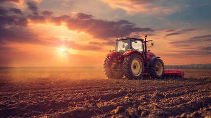 Obraz premium A tractor plowing a field at sunset, highly professional photo picture capturing vibrant colors and dynamic movement, harvesting, with copy space