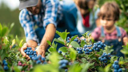 A family picking blueberries together, highly professional photo picture showcasing dynamic interaction and vibrant colors, harvesting, with copy space
