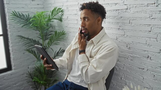 A handsome young african american man with a beard sitting in an indoor room, using a tablet while talking on the phone.