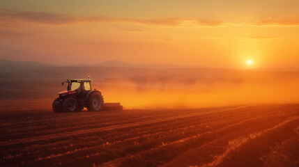 Fototapeta premium A tractor plowing a field at sunset, highly professional photo picture capturing vibrant colors and dynamic movement, harvesting, with copy space