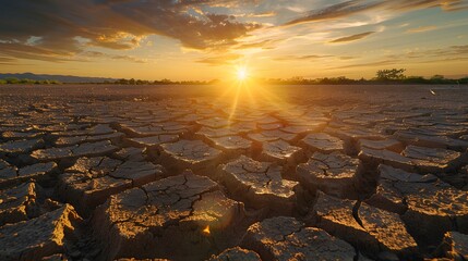 Obraz premium Drought-stricken landscape, cracked dry earth, barren soil, dramatic sunset, golden hour lighting, lens flare, wide-angle shot, environmental photography, climate change visualization.