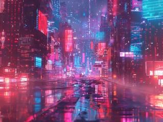 retrofuturistic cyberpunk cityscape with glitch effects neon color palette and holographic billboards blending 80s aesthetics with advanced technology