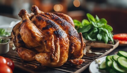 Ayam Bakar Bakakak or Whole Roasted Chicken with Sweet Soy Sauce Served with Sliced Cucumber Tomato