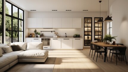 White walled living room with kitchen equipped with serving hatch and sink with black faucet, oak hardwood floors and black ceiling lamps