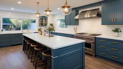 Wide view of newly remodeled kitchen with white tile and painted blue cabinets