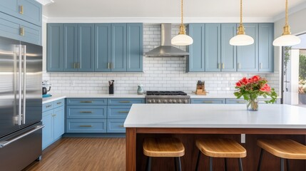 Wide view of newly remodeled kitchen with white tile and painted blue cabinets