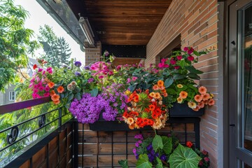 Fototapeta premium Vibrant Balcony Garden in Full Bloom