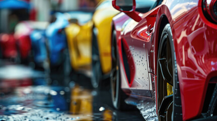 A row of colorful cars are parked on the side