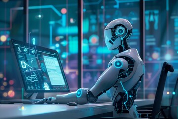 Robot Working On Computer In Futuristic Office