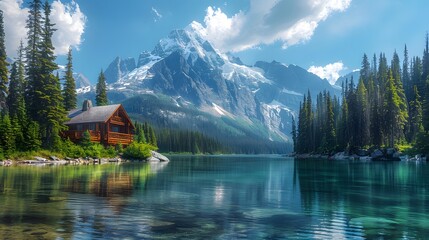 Naklejka premium Majestic snow-capped mountain peak towering over a pristine alpine lake. The crystal-clear water mirrors the rugged landscape and vibrant blue sky.