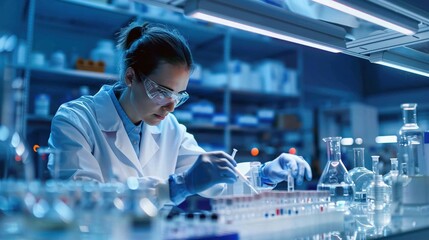 A clinical researcher working with samples and data in a hightech medical research facility