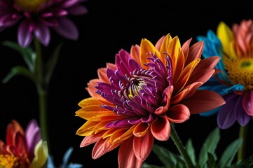 A colorful flower is displayed on a black background