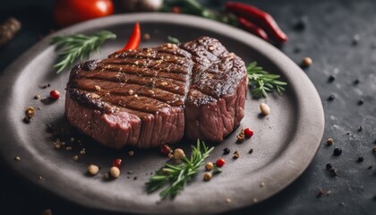 Delicious juicy fresh beef steak with spices and herbs on a dark concrete background.