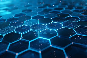 Obraz premium Featuring blue hexagons with nodes on a dark blue background with a horizontal light effect, Generative AI