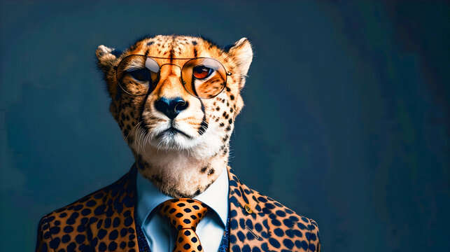 Stylish Cheetah Animal Portrait Wearing a Suit and Sunglasses Representing a Powerful Corporate Business Leader or Executive