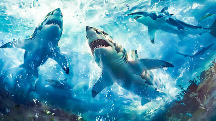 Fototapeta premium Fierce shark predators aggressively chasing and attacking a seal prey in a dramatic chaotic underwater scene filled with crashing waves bubbles and the powerful movements of the marine animals