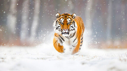 Powerful and graceful Siberian tiger sprinting through a snow covered forest showcasing the raw power and beauty of this apex predator in its natural habitat