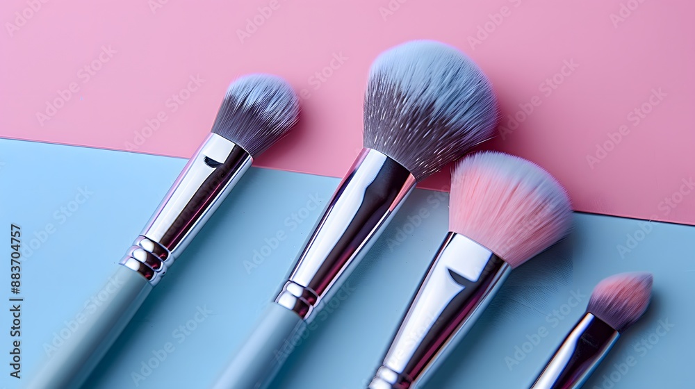 Wall mural Professional makeup brushes, flat lay photography, pastel blue background, cosmetic tools, soft lighting, high-resolution product shot, beauty accessories, clean minimalist composition.