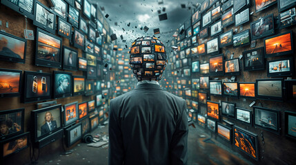 illustration of a person being overwhelmed by media, information and data, concept of information overload