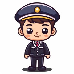 Obraz premium A cartoonish drawing of a young man in a blue uniform with a hat and tie