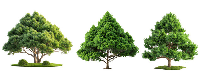 Fototapeta premium Three lush green trees isolated on a white background, showcasing diverse shapes and sizes, ideal for nature and environment themes.