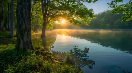 Fototapeta premium Serene lakeside at dawn, sunburst through trees, misty morning atmosphere, dappled sunlight on water, lush green foliage, silhouetted tree trunks, golden hour glow.