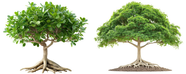 Two vibrant green trees with exposed roots isolated on white background, showcasing nature's beauty and the diversity of tree growth.