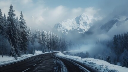 Winding mountain road in winter, snow-covered landscape, misty mountains in background, evergreen forest, curving asphalt highway, cloudy sky, atmospheric perspective.