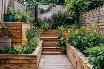 Wooden Steps Leading to a Lush Garden Oasis