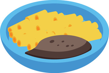 Delicious meal of pasta with brown sauce is being served on a blue plate