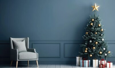 Christmas Tree Decoration with Red and Golden Balls, Stars, Gifts, Chair, and Dusty Blue Textured Wall Background. Empty Space Living Room Scene for Product Promotion and Banner or Poster