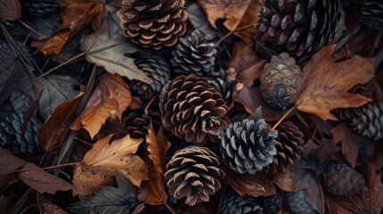Nature&rsquo;s Lifecycle Captured: Close-Up of Pine Cones With Exposed Seeds, Surrounded by Autumn Needles