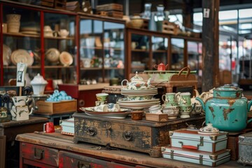 Naklejka premium Antique Teapot and Cups Displayed in Vintage Shop