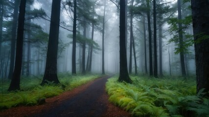 Obraz premium Misty morning in a mystical forest, enchanting and serene, evoking peace and tranquility
