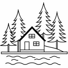 A cabin surrounded by pine trees, on the edge of a lake,a pier with boat, vector line art illustration