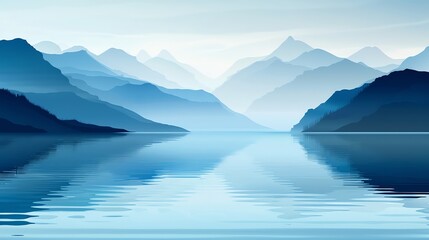 A minimalist illustration of a mountain lake with blue mountains in the distance and a calm water surface.