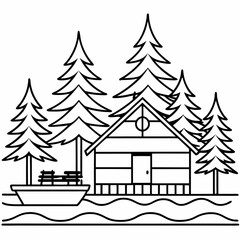 Obraz premium A cabin surrounded by pine trees, on the edge of a lake,a pier with boat, vector line art illustration