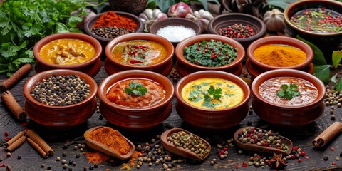 Colorful Assortment of Spices and Sauces in Rustic Ceramic Bowls