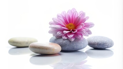 Zen stones with a delicate flower displayed on a white background, zen, stones, flower, tranquil, calm, relaxation